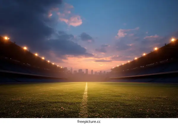 Empty Sports Stadium at Dusk City Skyline