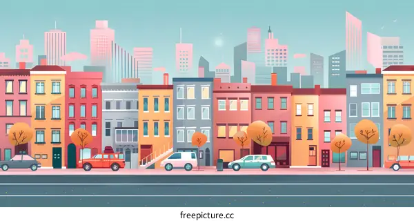 Colorful Cityscape Illustration With Buildings And Cars