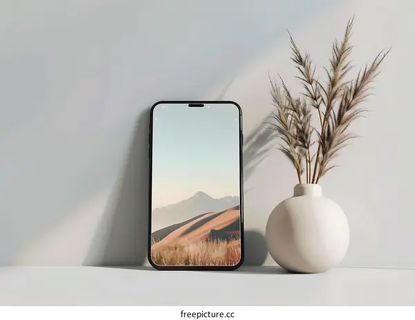 Minimalist Phone Mockup With Dried Grass In A Vase