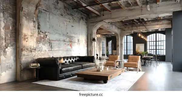 Industrial Loft Living Room with Exposed Brick and Wooden Furniture
