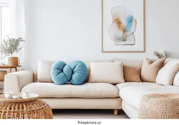 Modern Beige Sofa with Abstract Art and Knitted Pillow