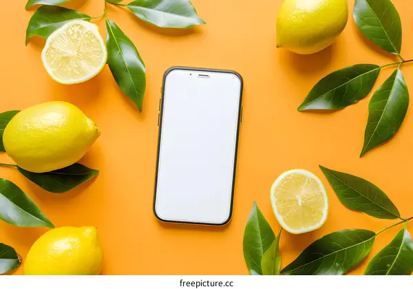 Mobile Phone Mockup With Lemons and Green Leaves on Orange Background
