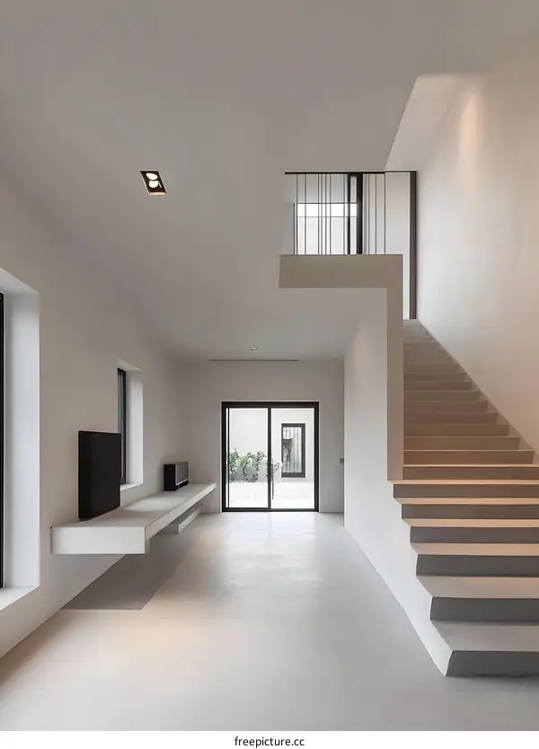 Modern Minimalist Interior Design with Concrete Stairs and Floating Shelf