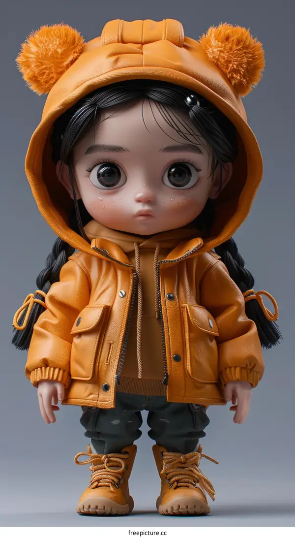 3D rendering of a cute little girl wearing a yellow hooded jacket