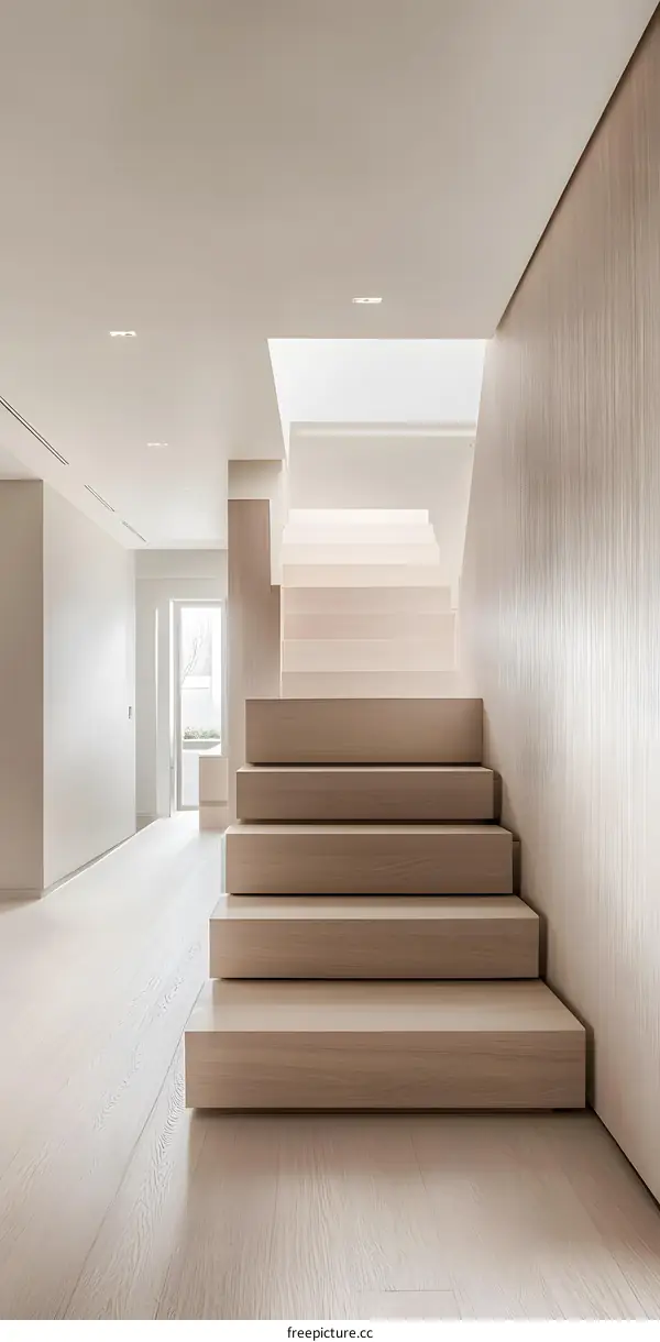 Modern Minimalist Wooden Staircase in a Spacious Interior