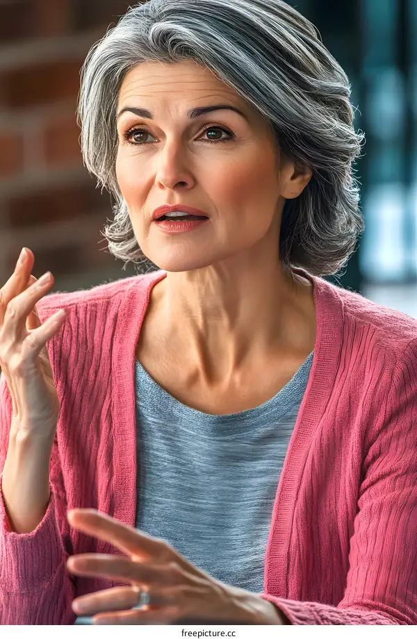 Caucasian Woman with Gray Hair Talking