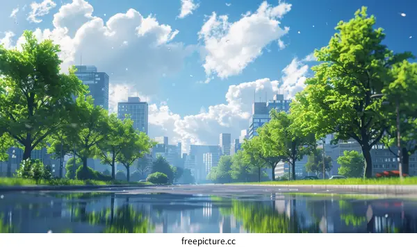 Cityscape with Lush Greenery and Reflections