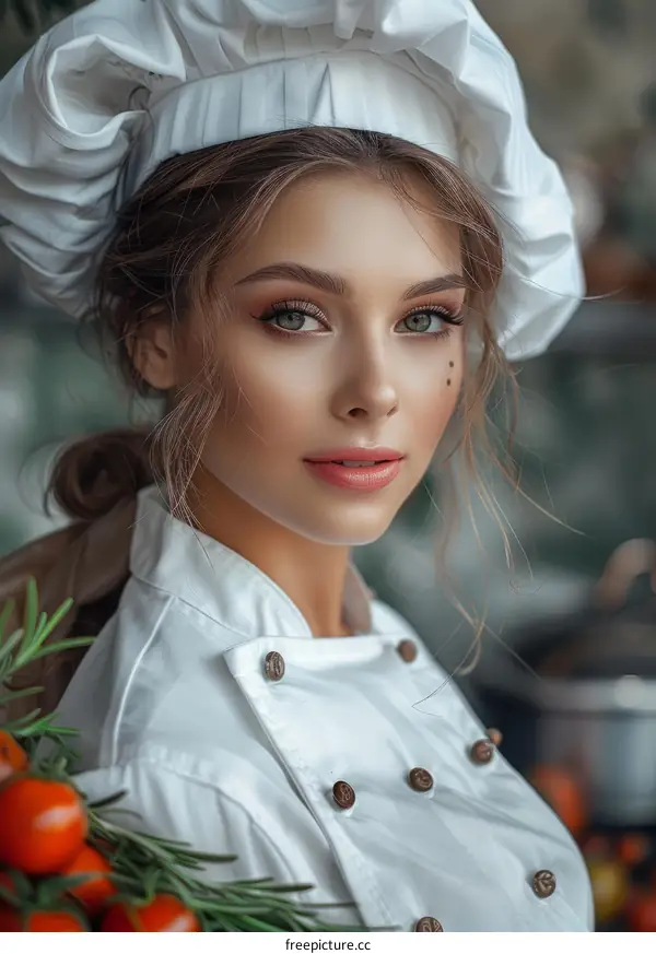 portrait of a beautiful young woman chef in a white uniform