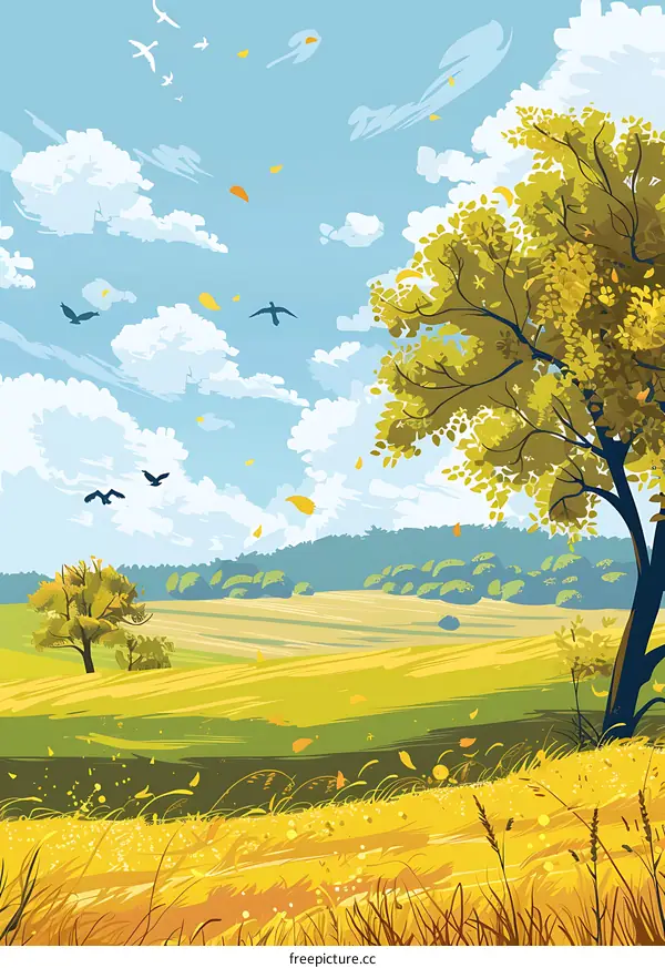 Autumn Landscape Illustration with Trees and Birds