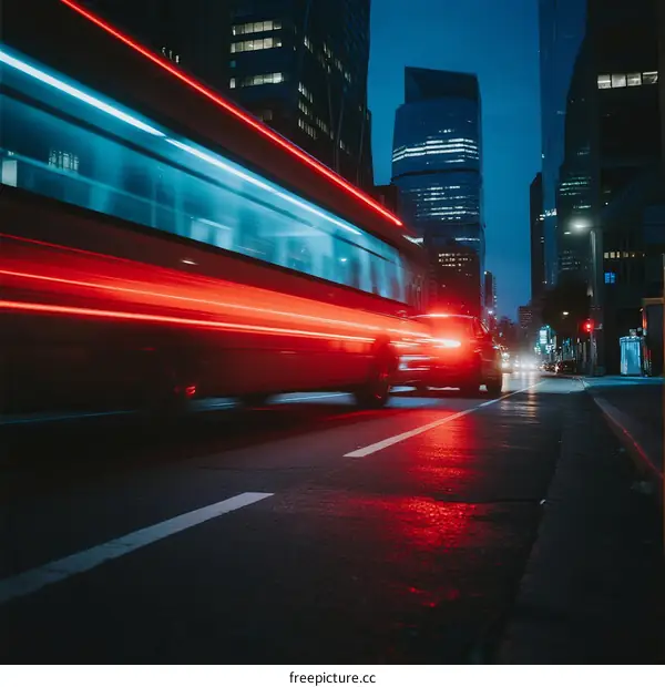 Urban Night Traffic with Light Trails and Modern Buildings
