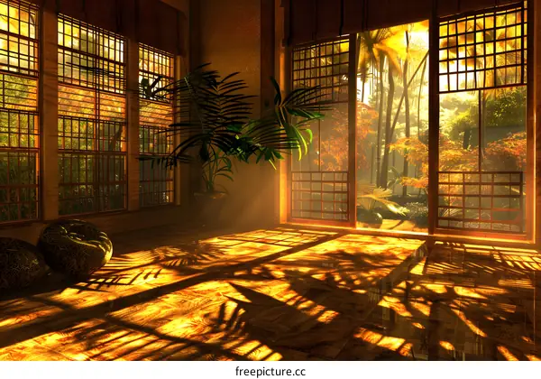 Japanese Style Room with Large Windows and a Garden View