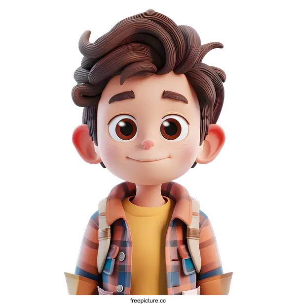 [Transparent Background PNG]Smiling Cartoon Boy with Brown Hair and Plaid Shirt