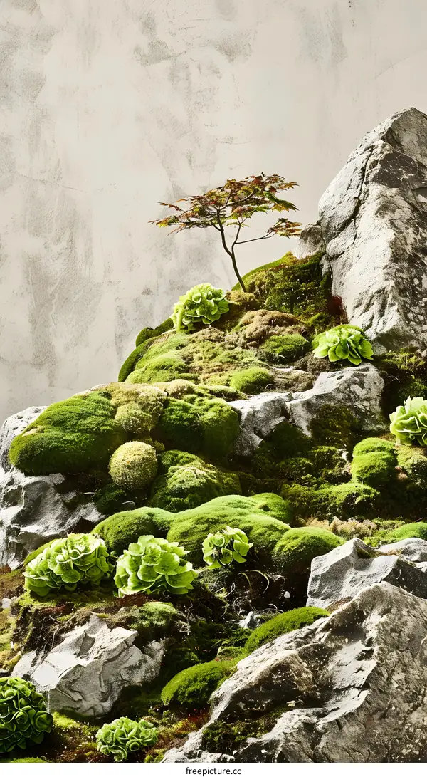 Green Moss Covered Rocks and Small Tree