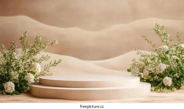 Beige Display Stand with Floral Arrangement