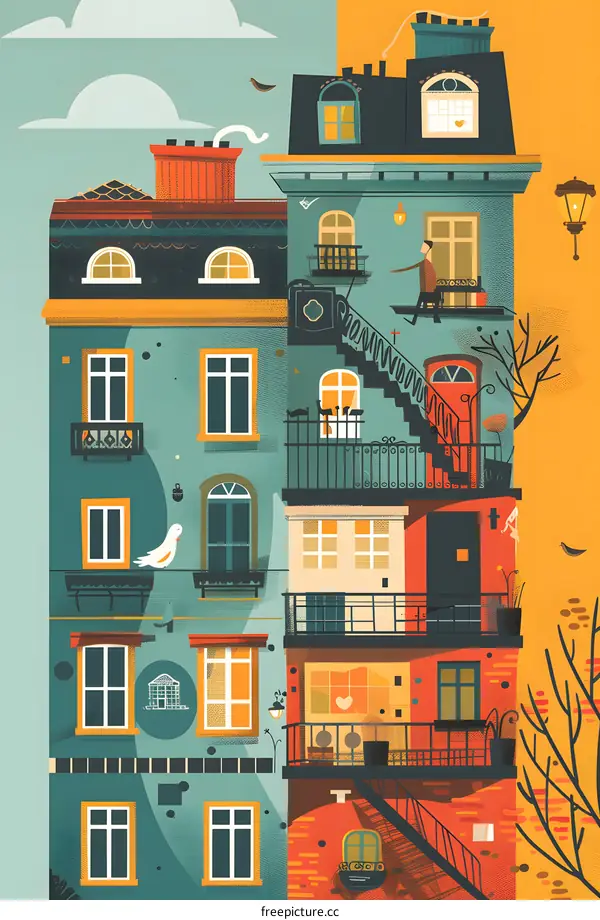 Illustrated Cityscape With Buildings and a Person on a Balcony