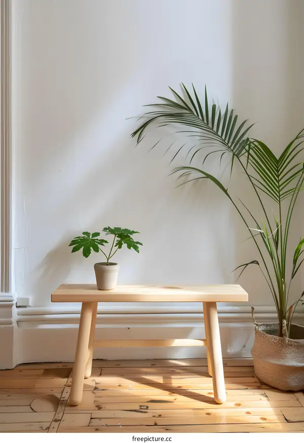 Wooden Bench With Plants And Natural Light
