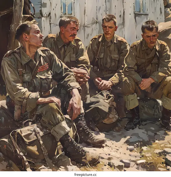 Four soldiers in a trench during world war two