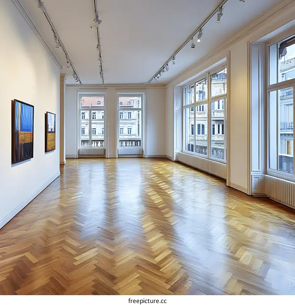 Empty Gallery Room With Wooden Floor And Paintings