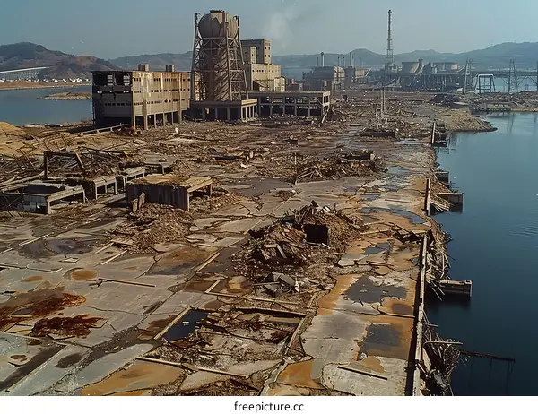 Ruins of an industrial complex with a large body of water in the foreground