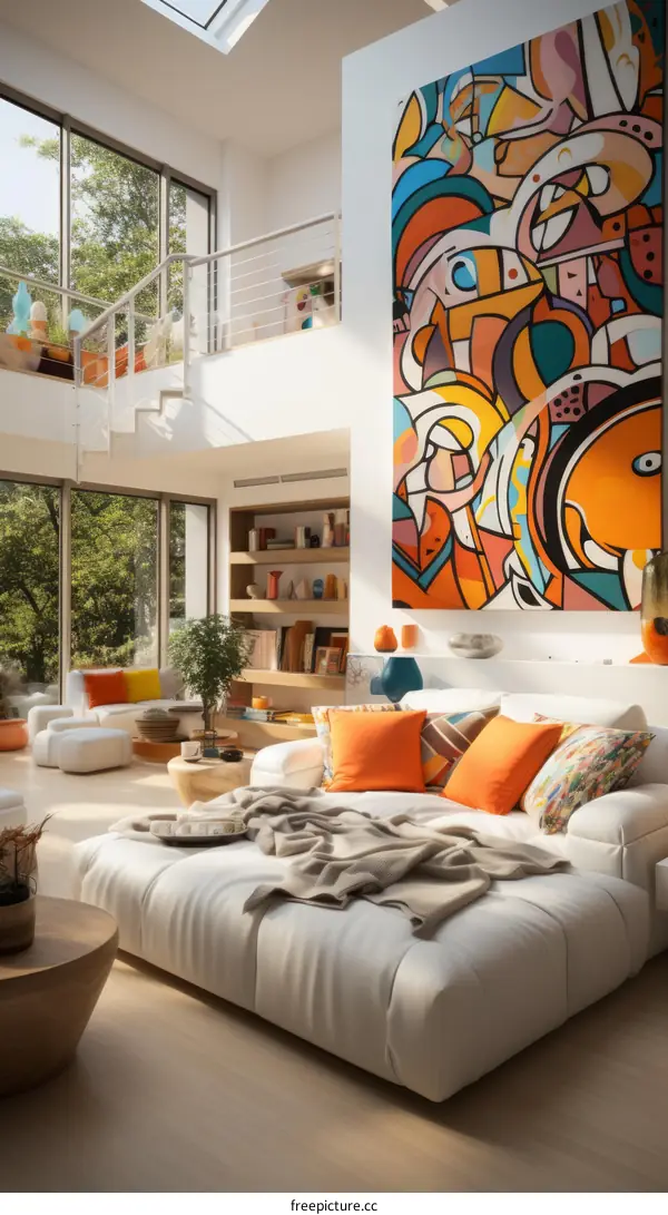 A modern living room with a large colorful painting on the wall