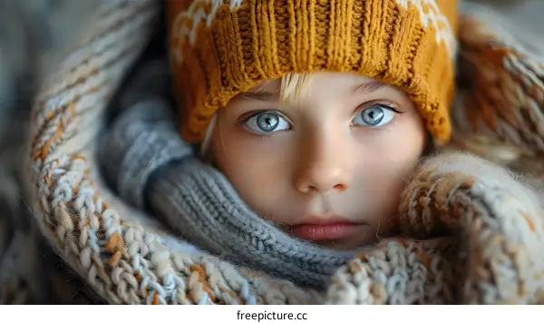 Portrait of a blonde girl in a yellow hat and scarf