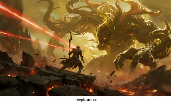 Epic battle between warrior and giant mythical beast in volcanic landscape