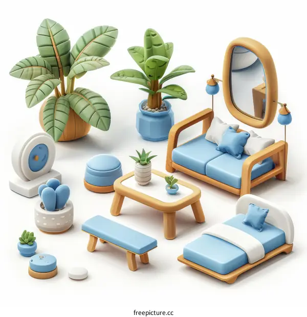 3D rendering of a cozy living room interior with blue and wooden furniture