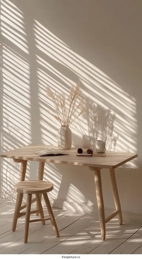 Simple Wooden Desk and Stool in a Sunny Room