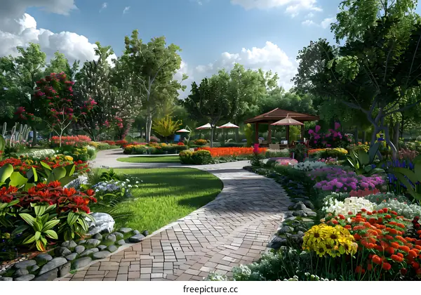Courtyard with colorful flowers and a stone path