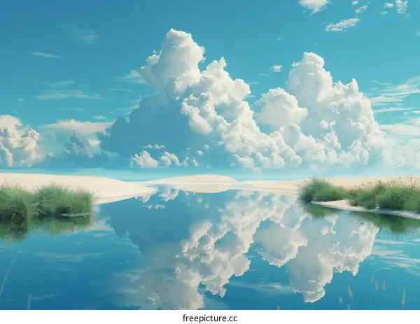 Azure Sky and Cumulus Cloud Reflection in Still Lake