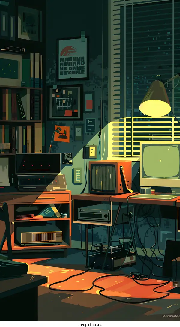 Retro Computer Room Illustration With Vintage Style
