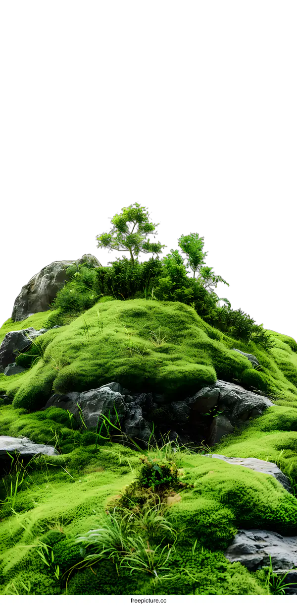 [Transparent Background PNG]Green Moss Covered Rocks with Trees