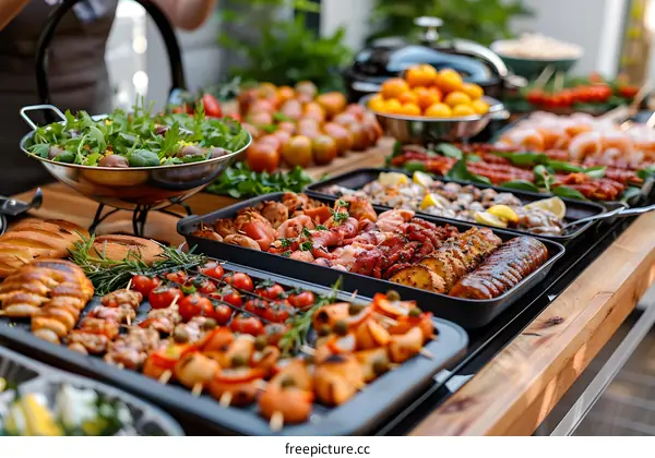 Outdoor buffet with a variety of grilled meat and vegetable skewers