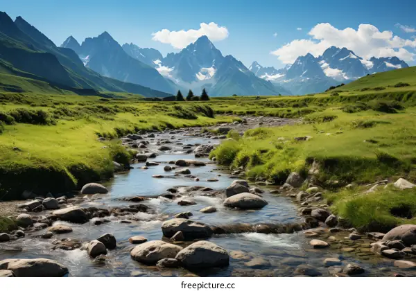 Serene River Flowing Through a Swiss Alps Valley