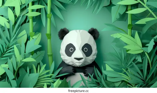 A cute cartoon panda sits in a bamboo forest