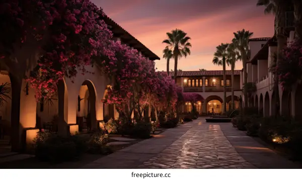 Courtyard with pink flowers