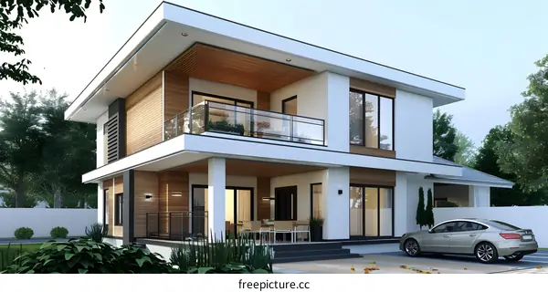 Modern House Exterior Design with Balcony and Car