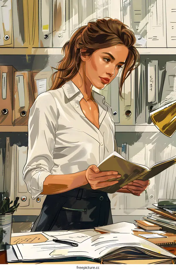 business woman reading a book in the office