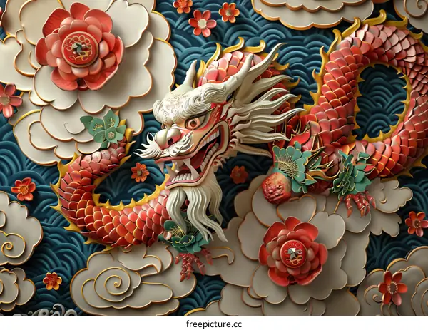 A wood carving of a dragon