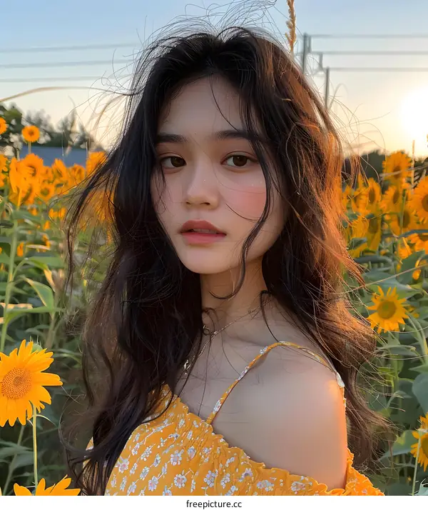 Asian Woman in Sunflower Field