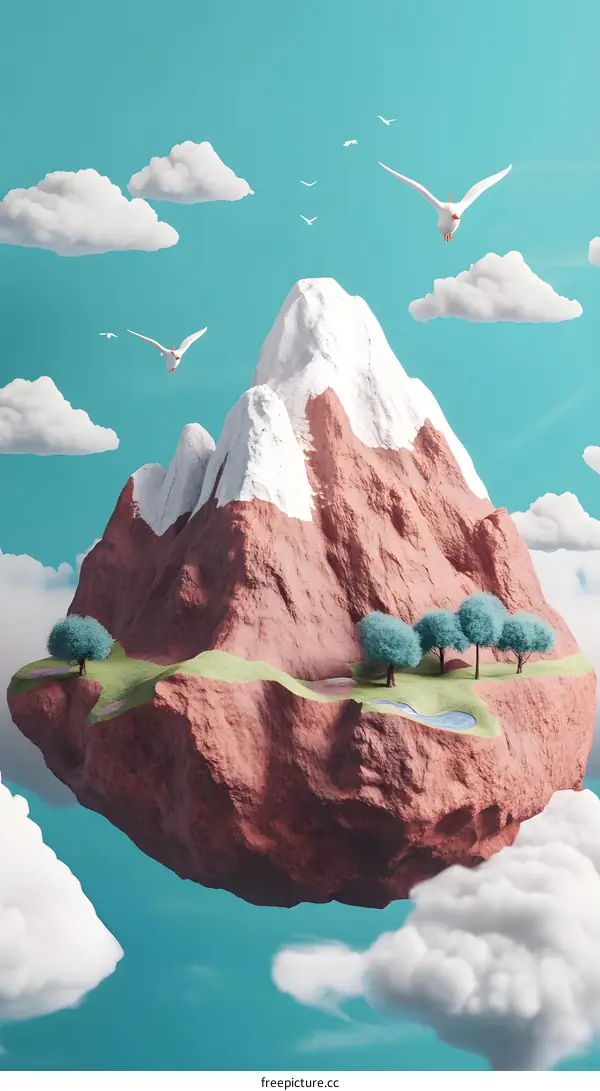 Floating Mountain With Birds And Clouds