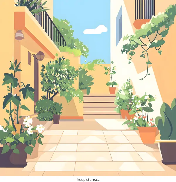 Sunny Courtyard with Yellow Walls and Greenery