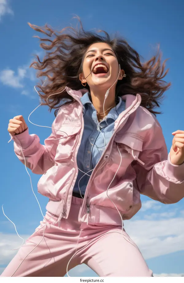 A young Asian woman is jumping in the air while listening to music with her earphones