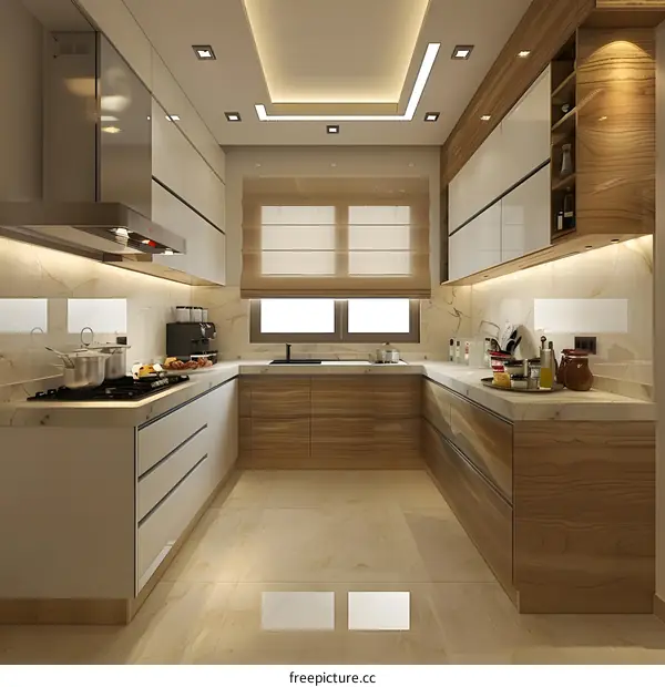 Modern kitchen design with wooden cabinets and white countertops