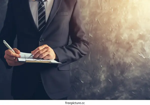 Businessman in suit writing notes on clipboard