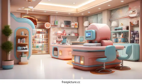 The interior design of a modern pharmacy with pink and blue pastel color scheme