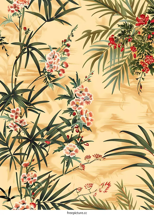 Tropical Floral Pattern Design with Pink Flowers and Green Leaves