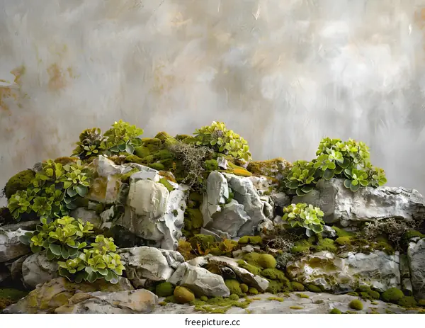 Green Moss and Rocks on Grey Background