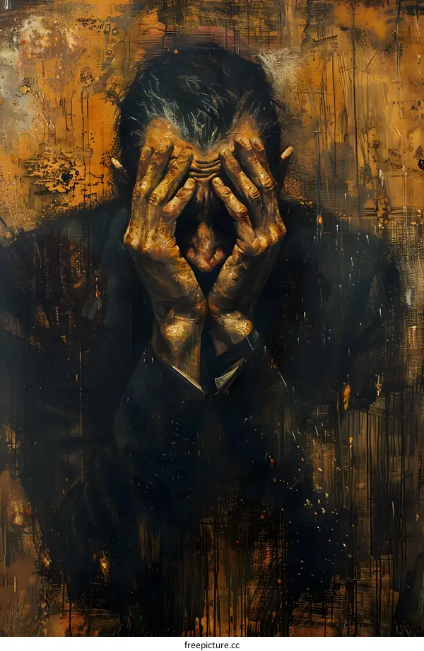 Oil painting of a man holding his head in despair