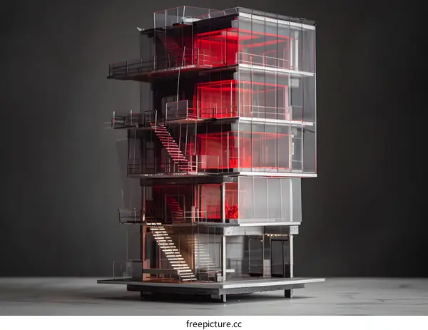 Modern Architectural Model with Glass Facade and Red Interior Lighting